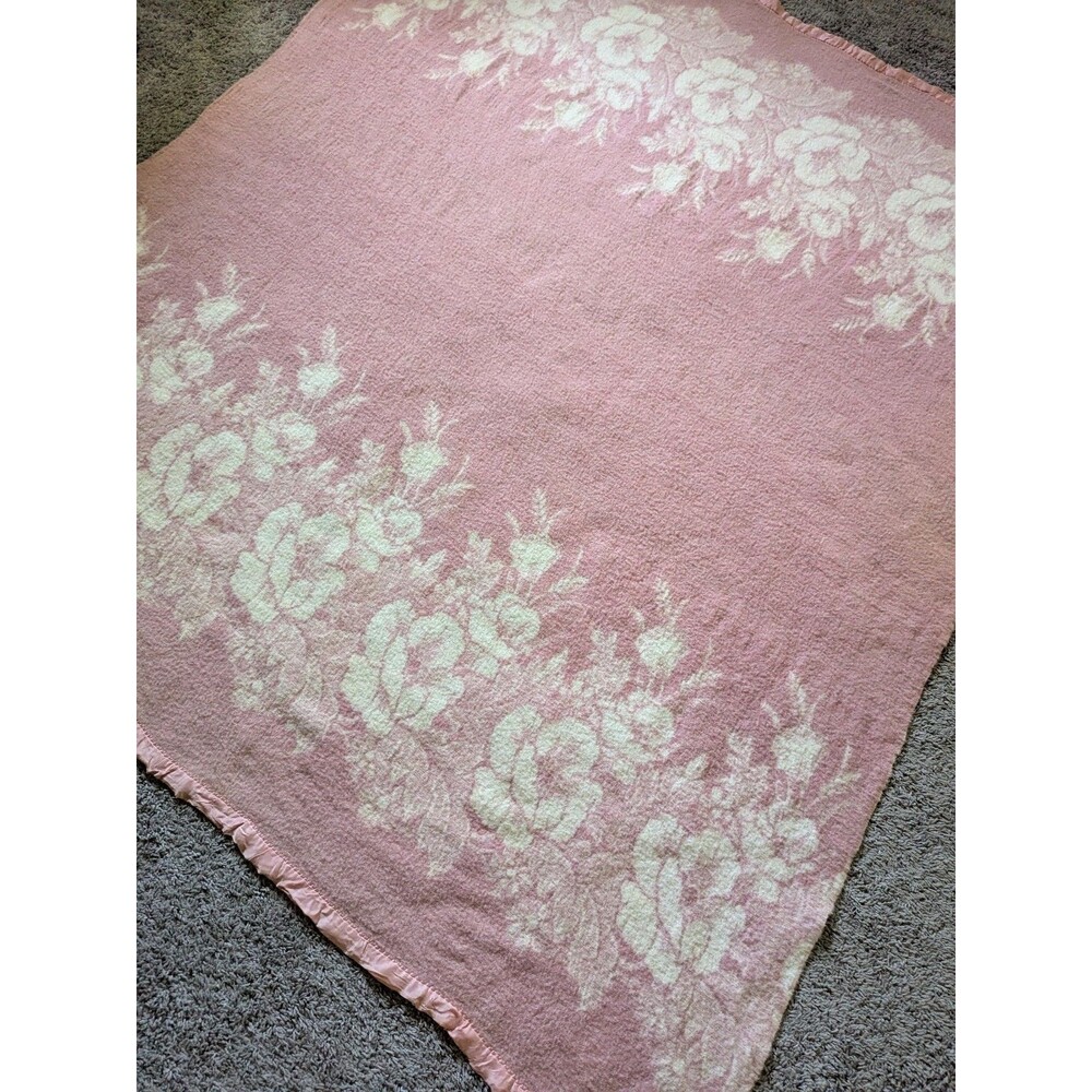 Vintage Wool Blanket Pink Floral Border Print Satin Binding As Is Flaws 70"x76"
